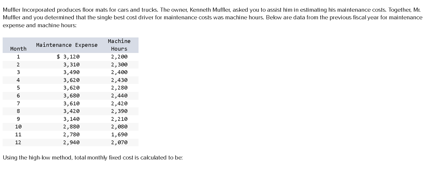 Solved Muffler Incorporated produces floor mats for cars and