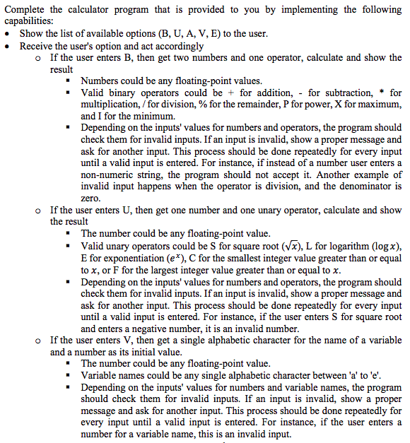 Complete the calculator program that is provided to | Chegg.com
