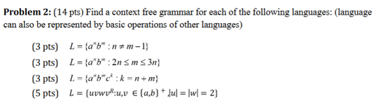 Problem 2: (14 pts) Find a context free grammar for | Chegg.com