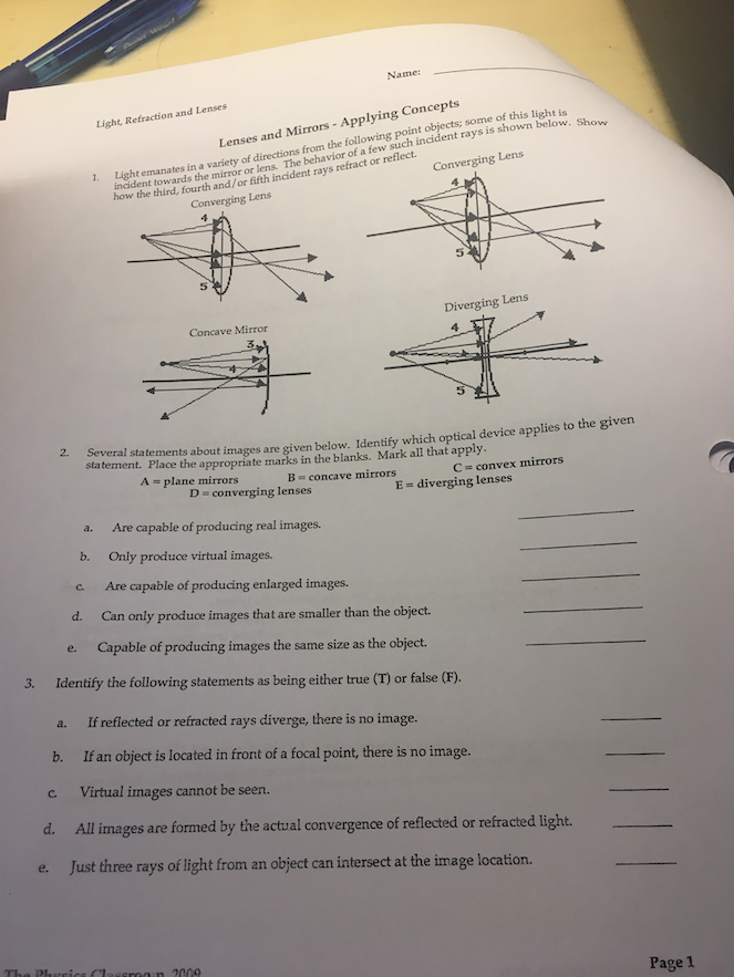 Solved Name Light, Refraction and Lenses un below. Show 1.