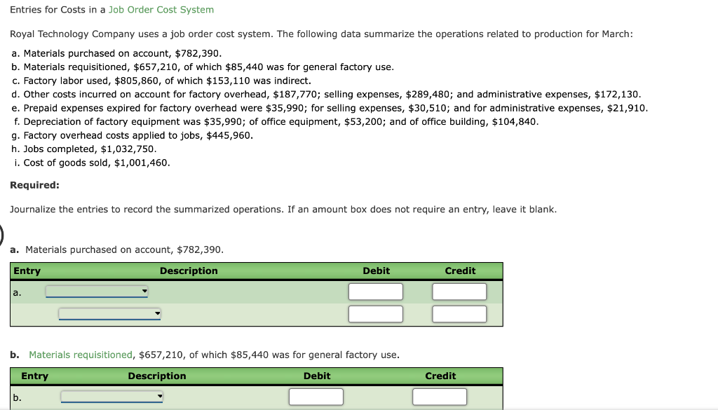 Solved Entries For Costs In A Job Order Cost System Royal | Chegg.com