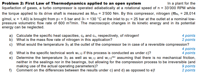 Solved Problem 2: First Law of Thermodynamics applied to an | Chegg.com