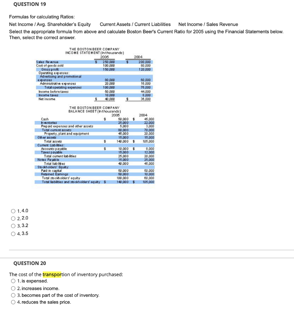 Solved QUESTION 19 Formulas for calculating Ratios: Net | Chegg.com