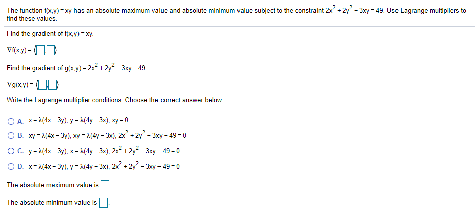 Solved The function f(x,y)= xy has an absolute maximum value | Chegg.com