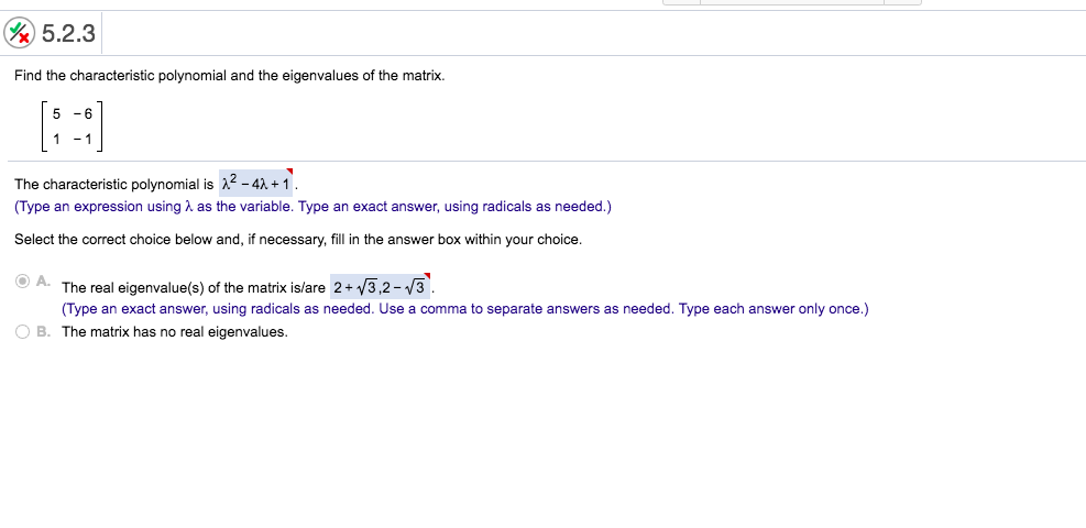 Solved %) 5.2.3 Find the characteristic polynomial and the | Chegg.com