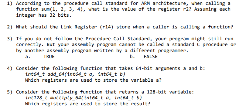 Solved 1) According to the procedure call standard for ARM | Chegg.com