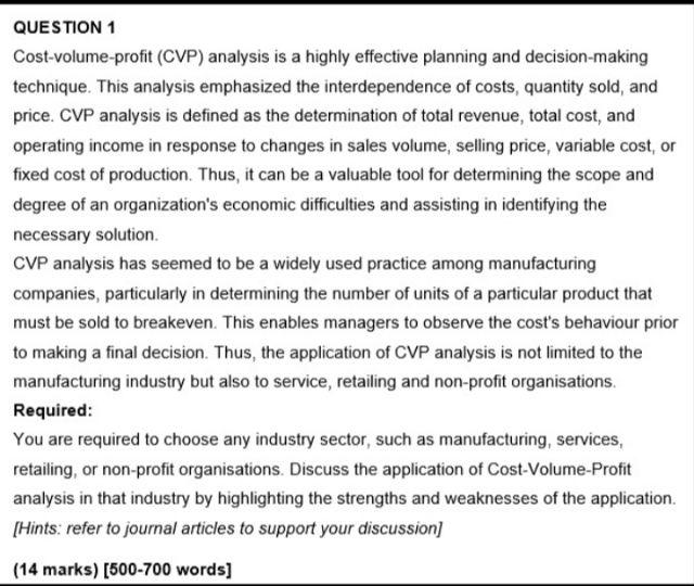 Solved QUESTION 1 Cost-volume-profit (CVP) Analysis Is A | Chegg.com