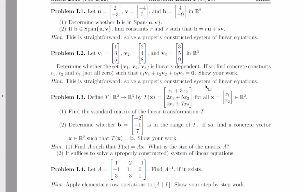 Solved Problem I.1. Let U=[2−3],v=[−45], And B=[4−9] In R2. | Chegg.com