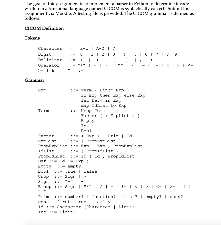 Solved The goal of this assignment is to implement a parser | Chegg.com