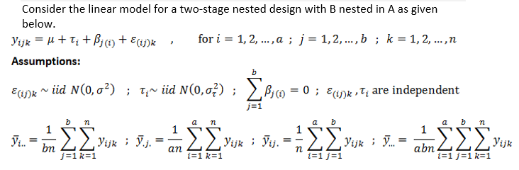 Consider the linear model for a two-stage nested | Chegg.com
