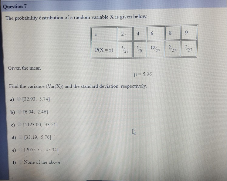 Solved Question 7 The probability distribution of a random | Chegg.com