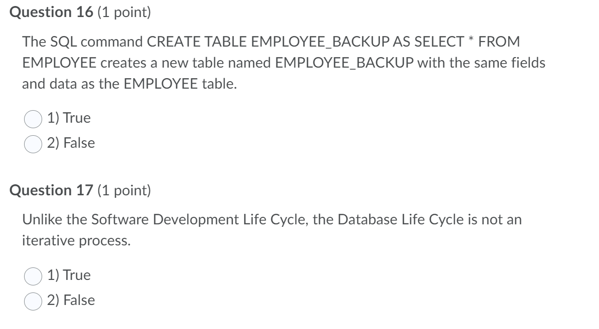 Solved Question 16 (1 point) The SQL command CREATE TABLE | Chegg.com