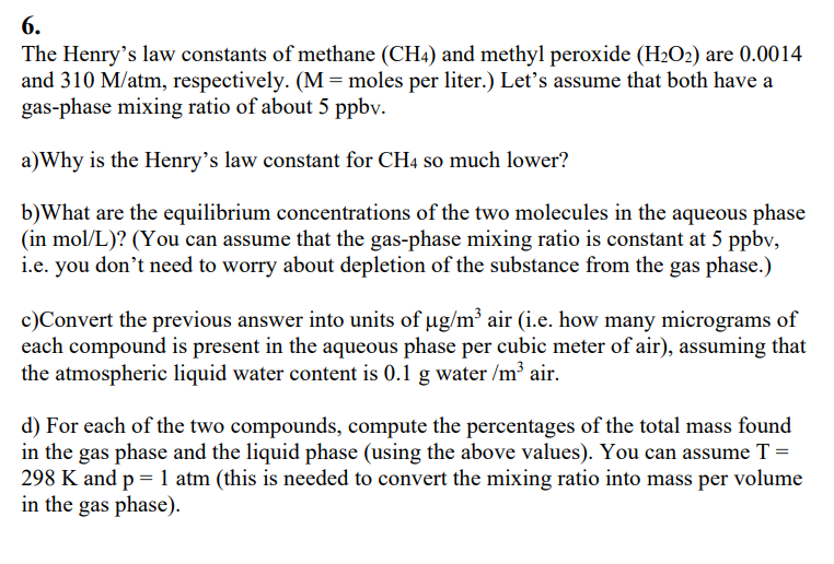 Solved 6. The Henry s law constants of methane CH4 and Chegg