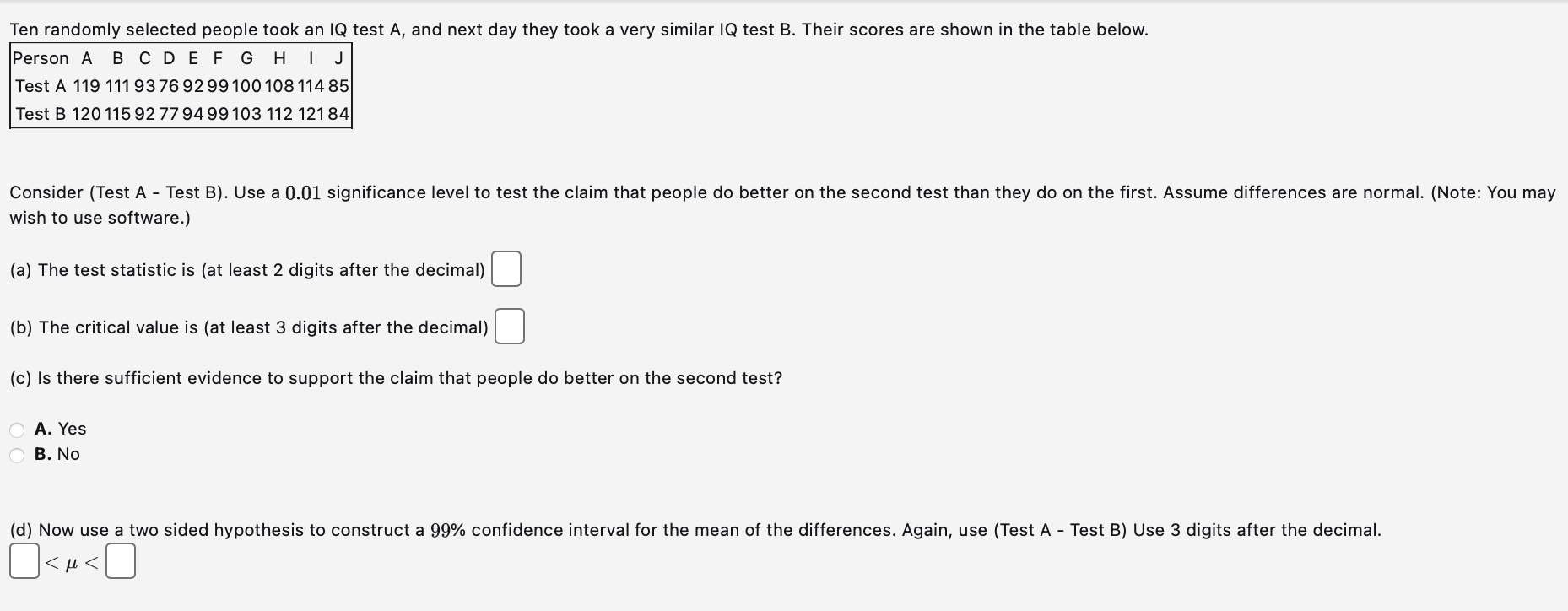 Solved Consider (Test A - Test B). Use A 0.01 Significance | Chegg.com