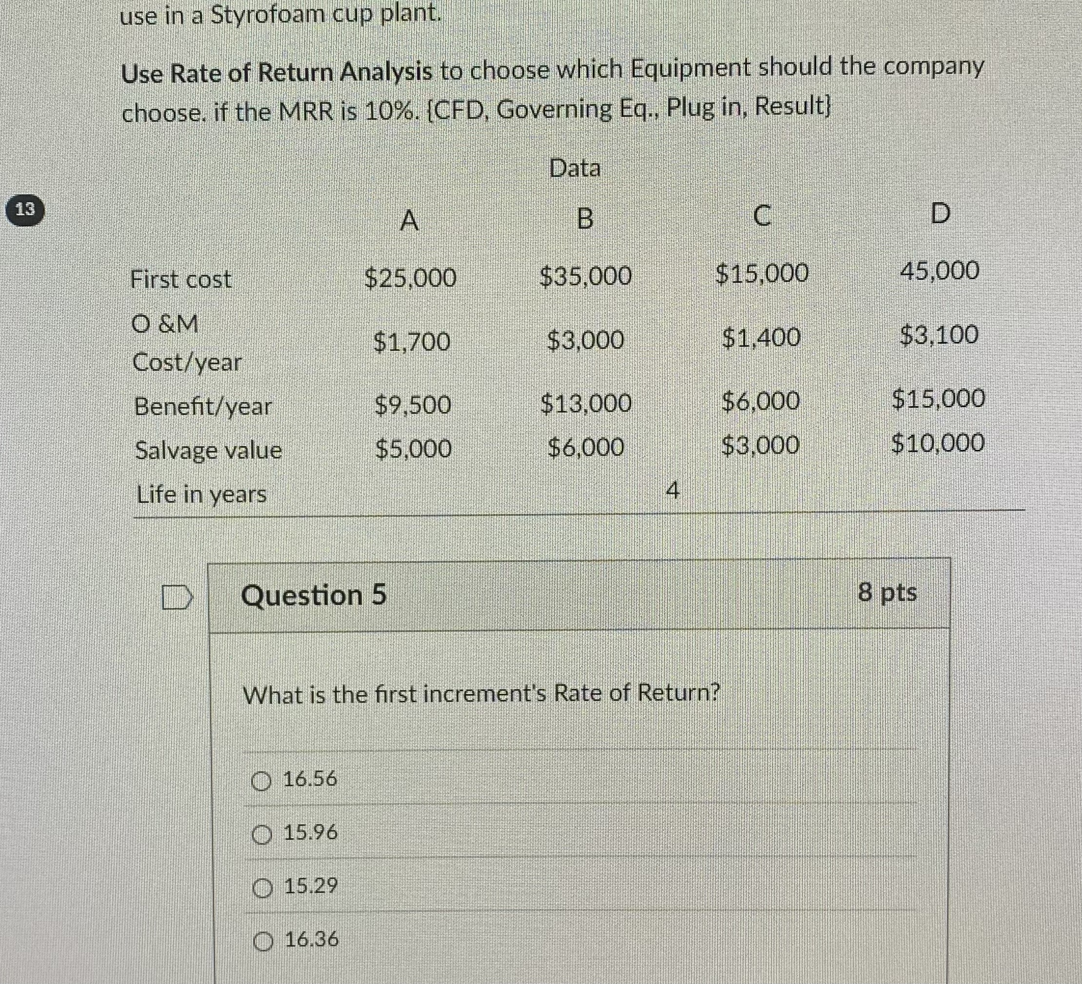 Solved use in a Styrofoam cup plant.Use Rate of Return