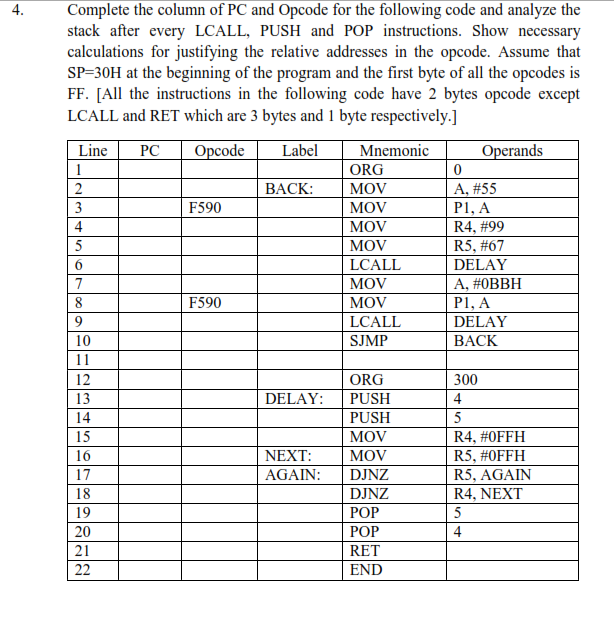 Solved 4. 6 Complete the column of PC and Opcode for the | Chegg.com