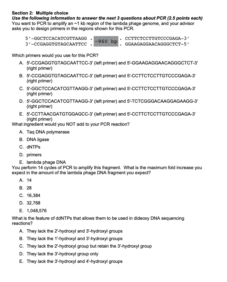 Solved Section 2: Multiple choice Use the following | Chegg.com