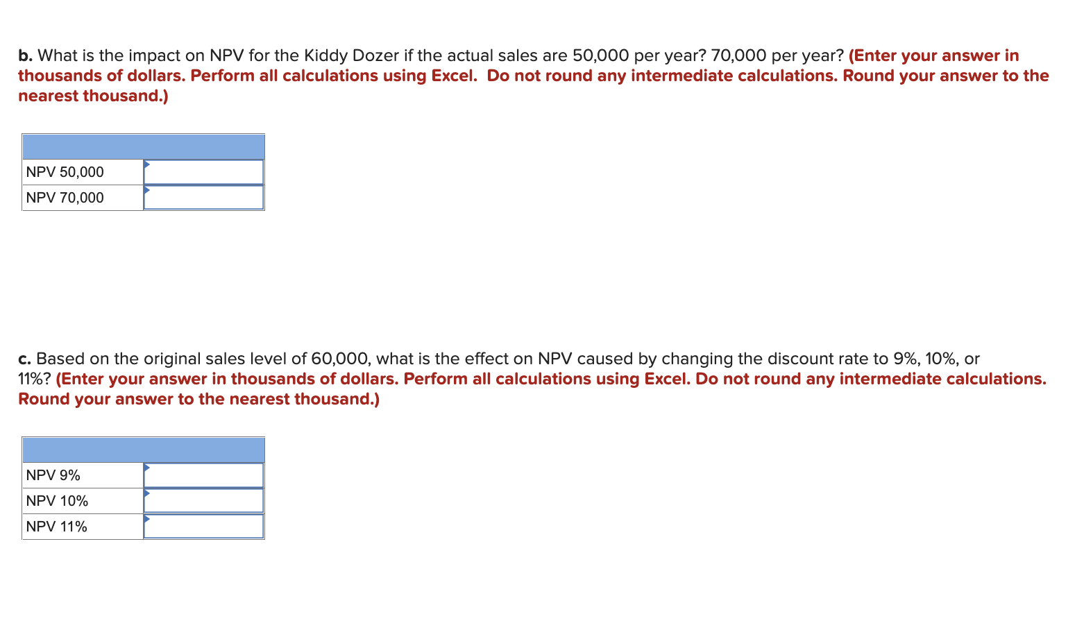 b. What is the impact on NPV for the Kiddy Dozer if the actual sales are 50,000 per year? 70,000 per year? (Enter your answer