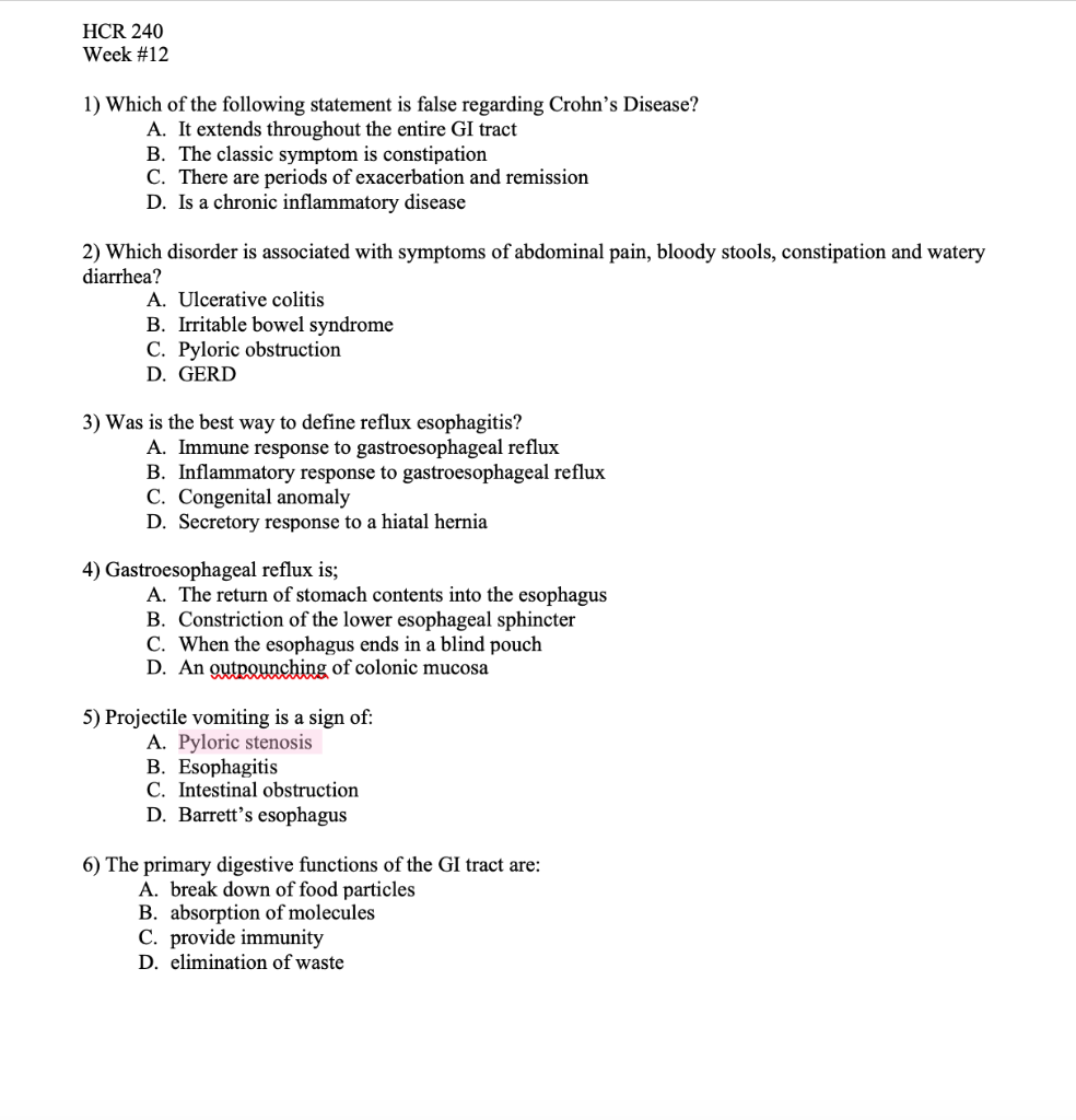 Solved Hcr 240 Week #12 1) Which Of The Following Statement | Chegg.com