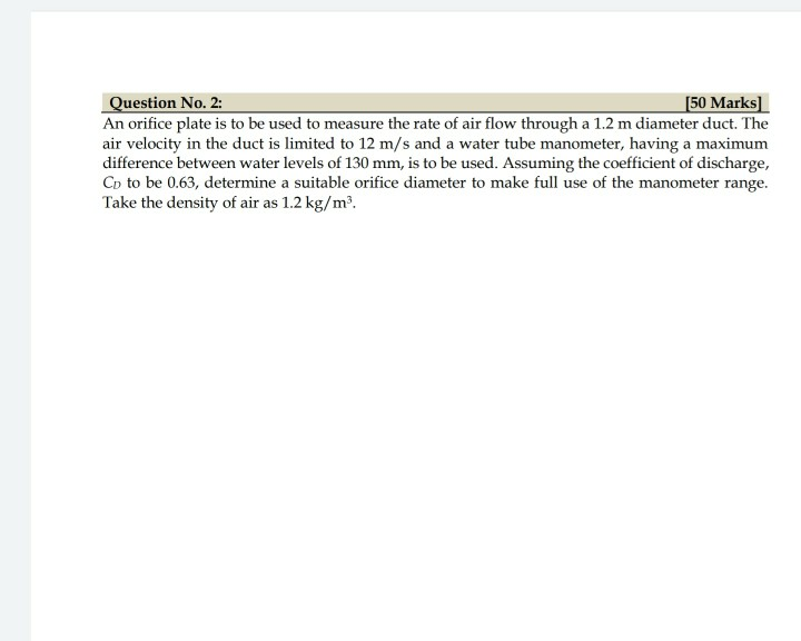 Solved Question No. 2: (50 Marks An orifice plate is to be | Chegg.com