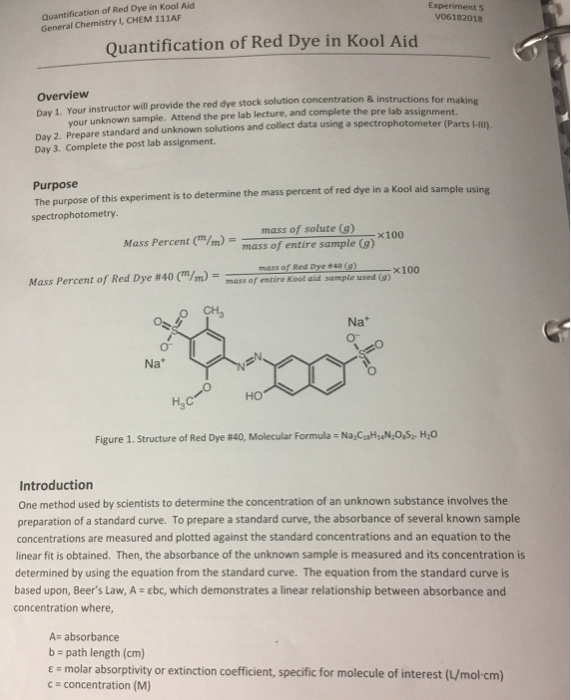 Solved Quantification of Red Dye in Kool Aid General