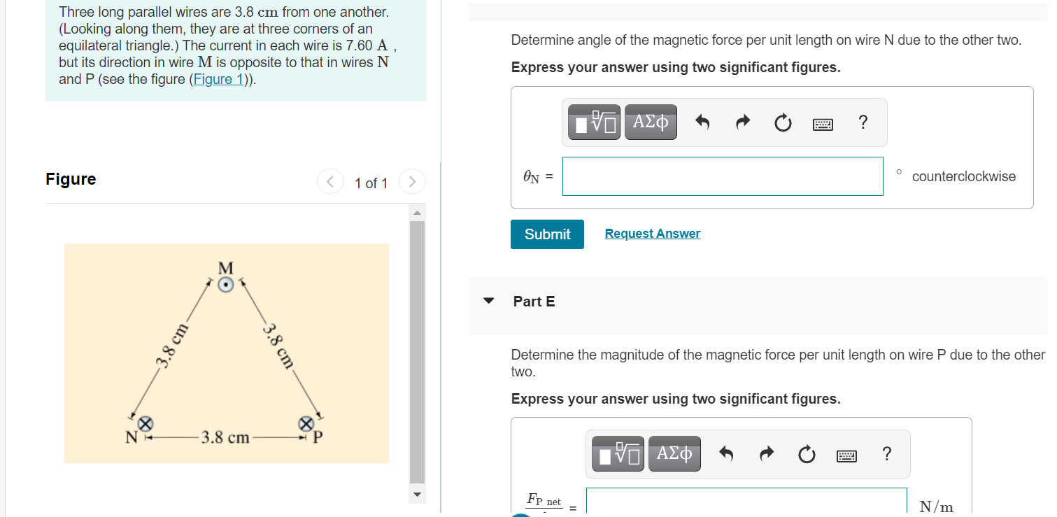 Solved Part B Three Long Parallel Wires Are 3.8 Cm From One | Chegg.com