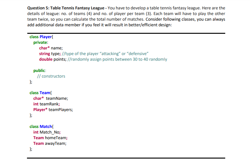 Solved Question 5 Table Tennis Fantasy League You have to