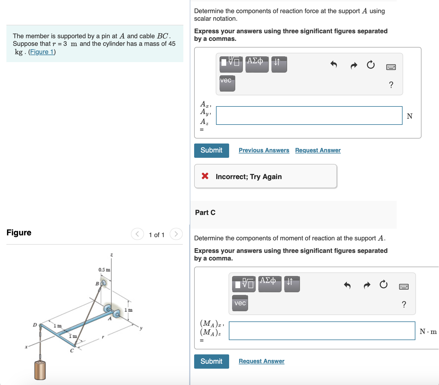 Solved Determine The Components Of Reaction Force At The 