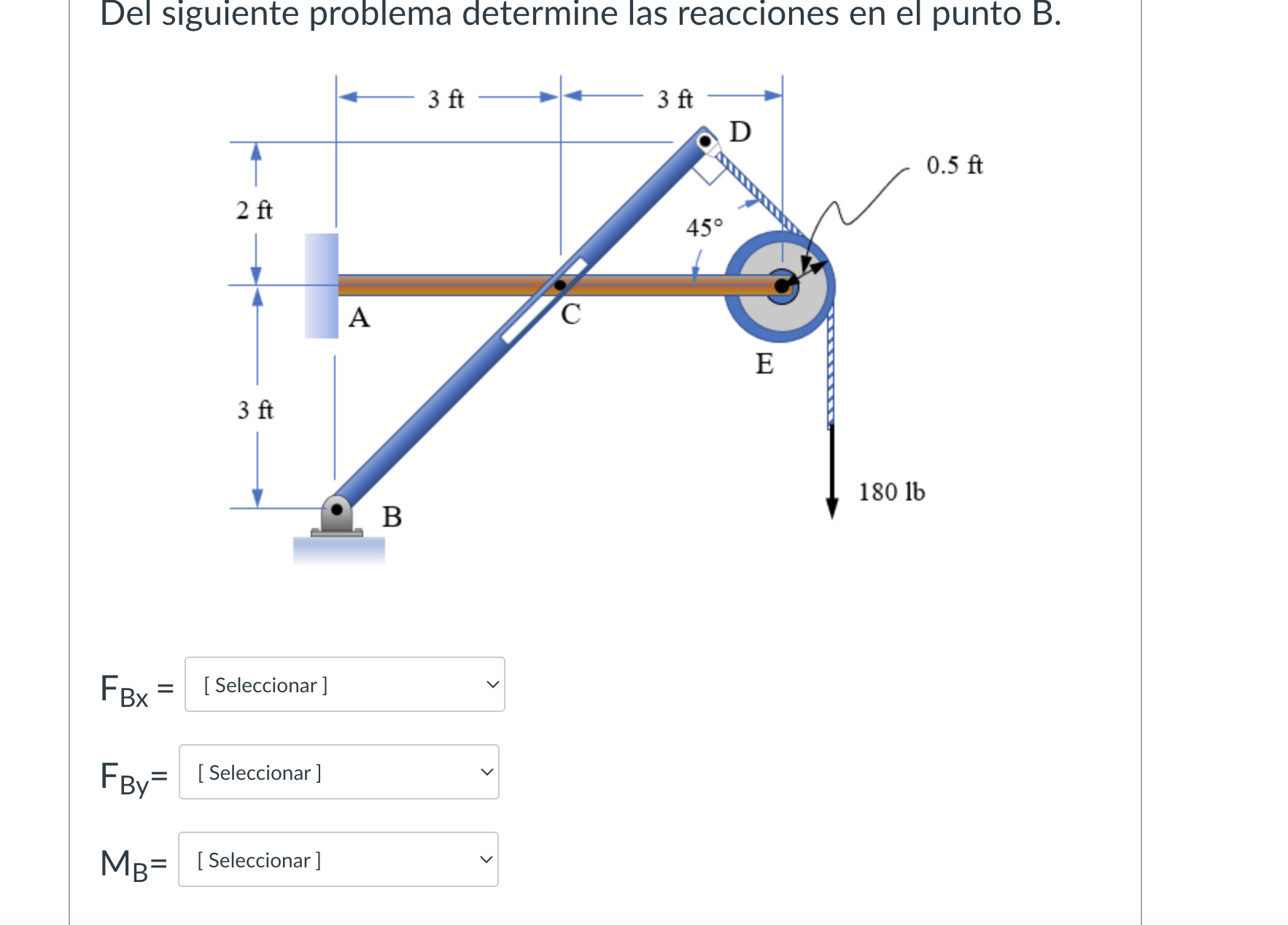 Del siguiente problema determine las reacciones en el punto \( B \).