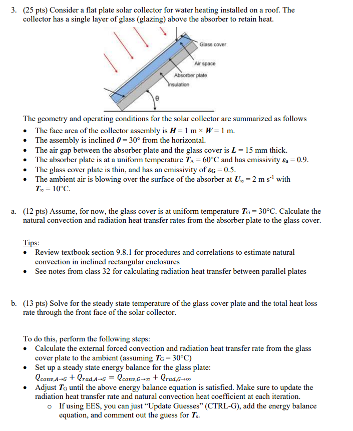 Solved 3. (25 pts) Consider a flat plate solar collector for | Chegg.com