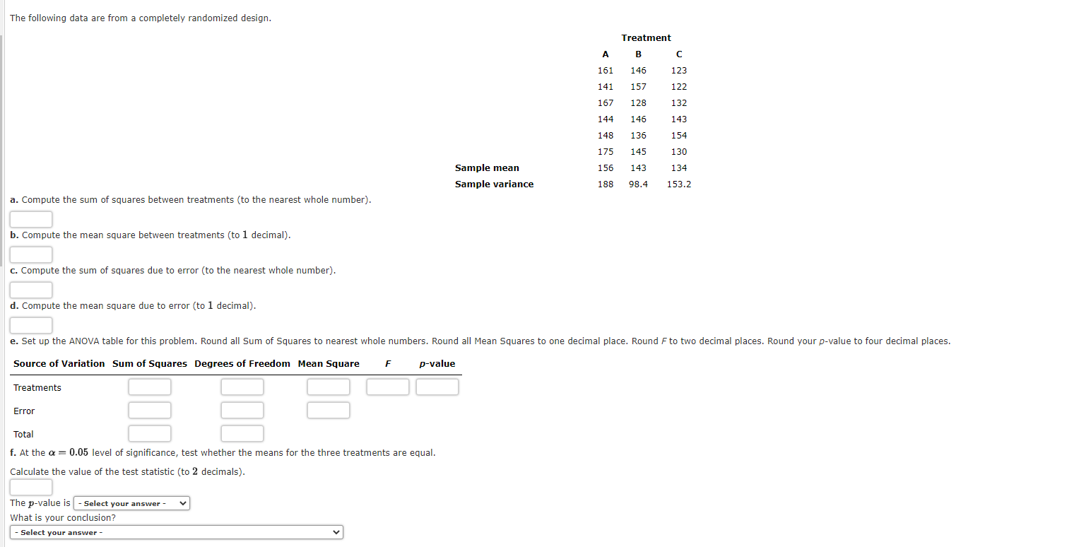 Solved The Following Data Are From A Completely Randomized | Chegg.com ...