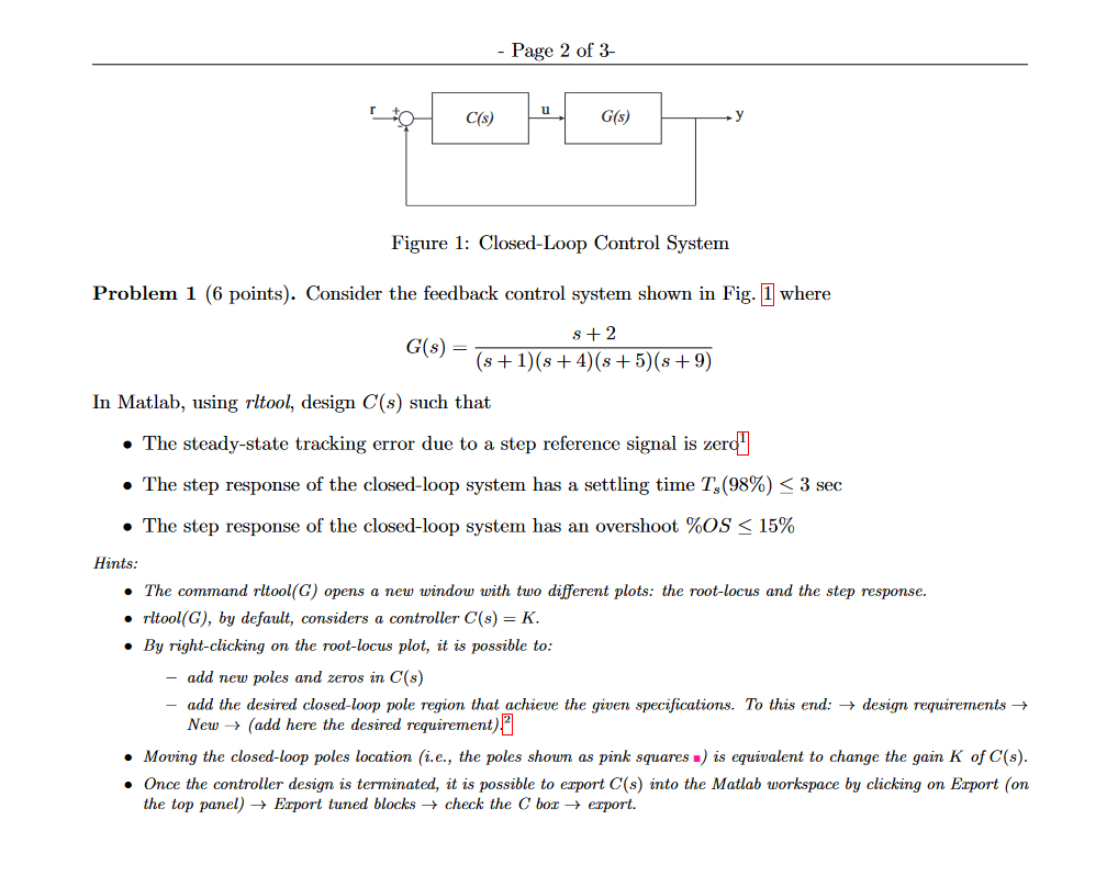 Solved Figure 1: Closed-Loop Control SystemProblem 1 (6 | Chegg.com