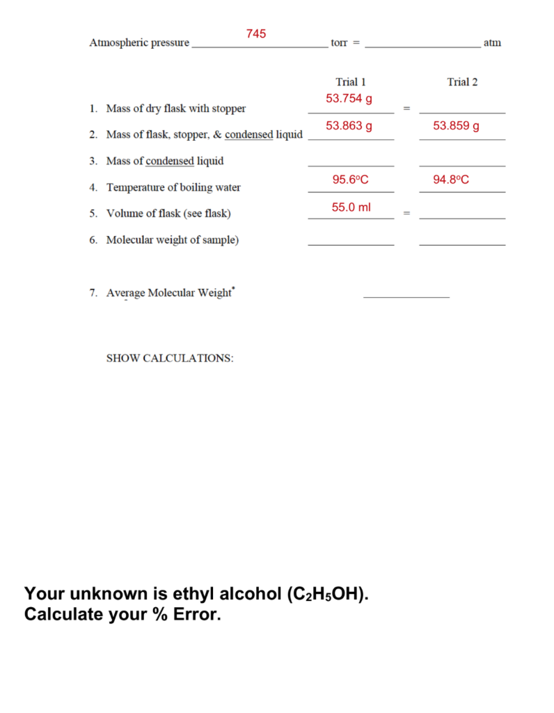 Solved Lab. Molecular Weight of a Volatile Liquid Molecular