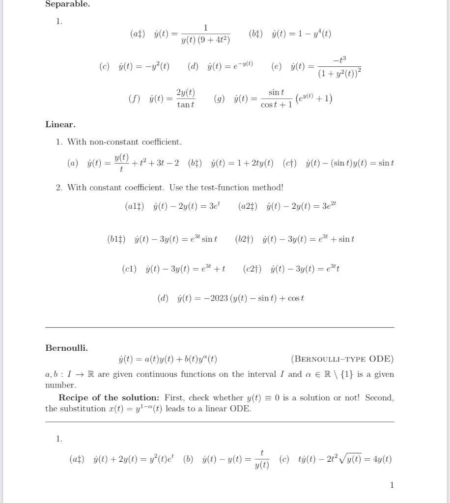 Solved Separable. 1. (a÷)y˙(t)=y(t)(9+4t2)1(b‡)y˙(t)=1−y4(t) | Chegg.com