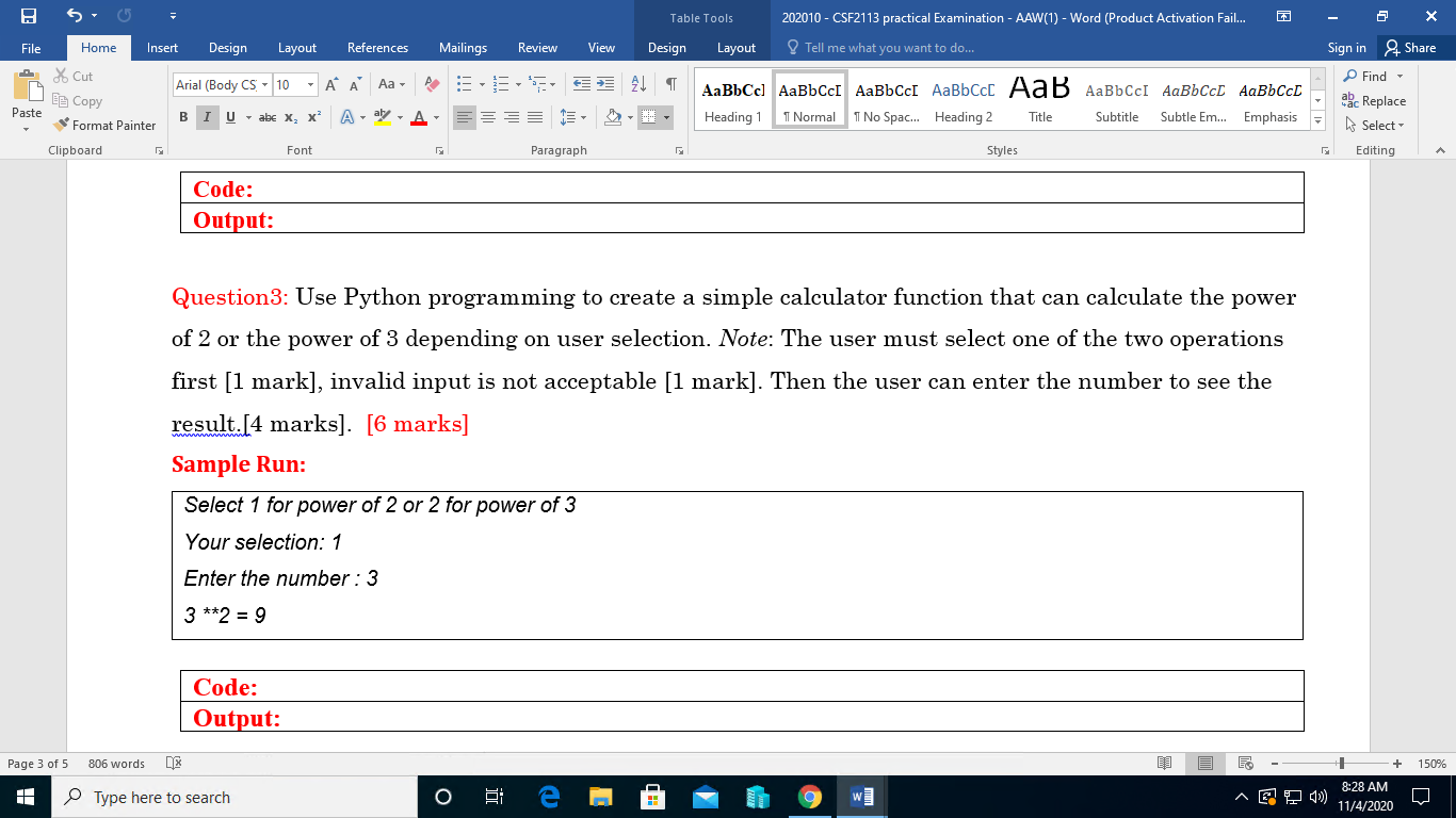 Solved Table Tools 202010-CSF2113 practical Examination - | Chegg.com
