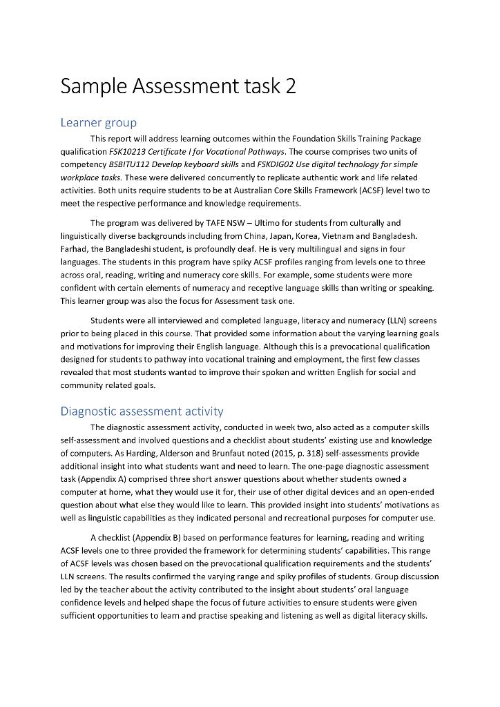 Solved Sample Assessment task 2 Learner group This report | Chegg.com