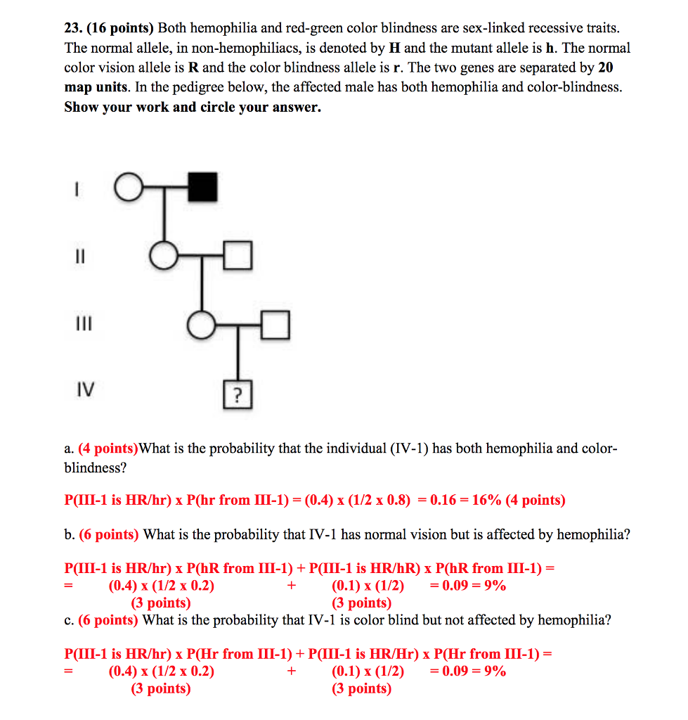 23. (16 points) Both hemophilia and red-green color | Chegg.com