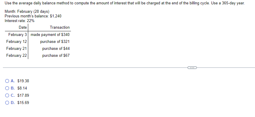 Solved Use The Average Daily Balance Method To Compute The | Chegg.com