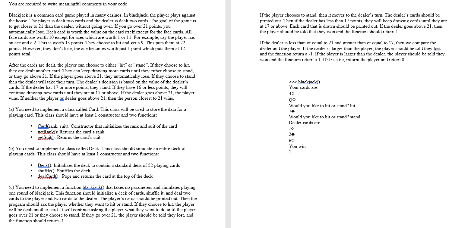 Solved PYTHON: Need a help with a very simple Blackjack game | Chegg.com
