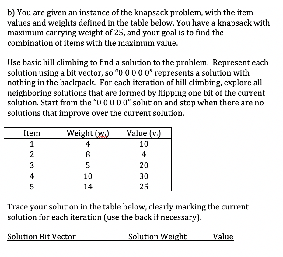Solved b) You are given an instance of the knapsack problem, | Chegg.com