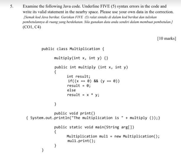 Solved 5. Examine the following Java code. Underline FIVE | Chegg.com