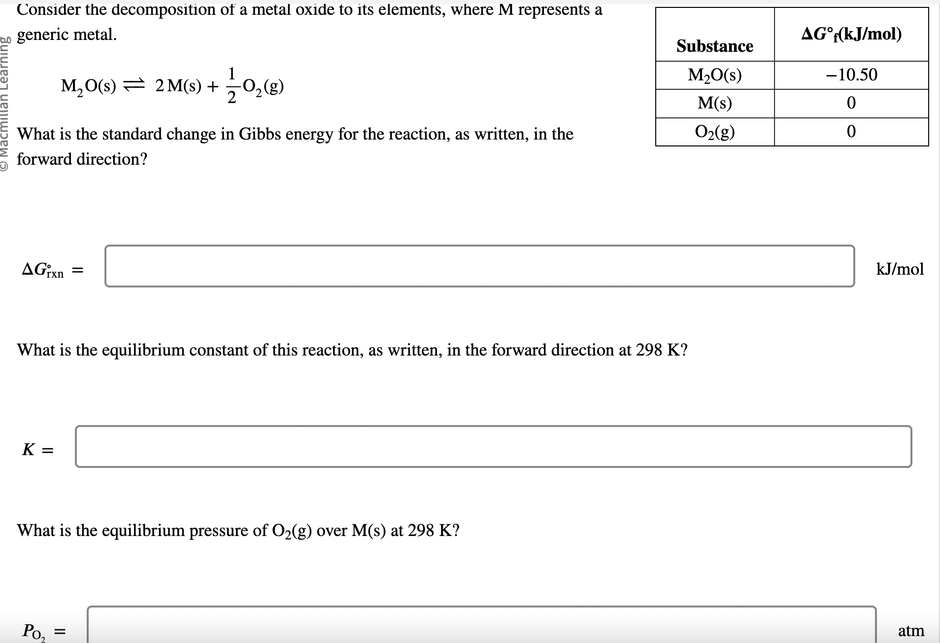 Solved Consider The Decomposition Of A Metal Oxide To Its | Chegg.com