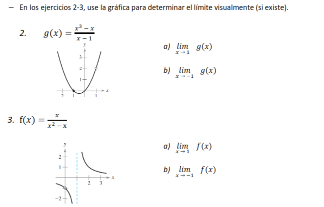 En los ejercicios 2-3, use la gráfica para determinar el límite visualmente (si existe). 2. \( g(x)=\frac{x^{3}-x}{x-1} \) a)