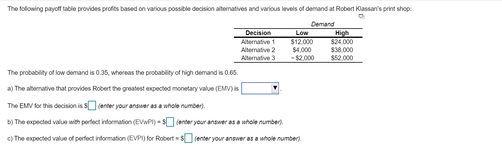 Solved The following payoff table provides profits based on | Chegg.com