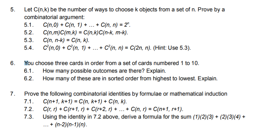 Solved 5 Let C N K Be The Number Of Ways To Choose K Ob Chegg Com