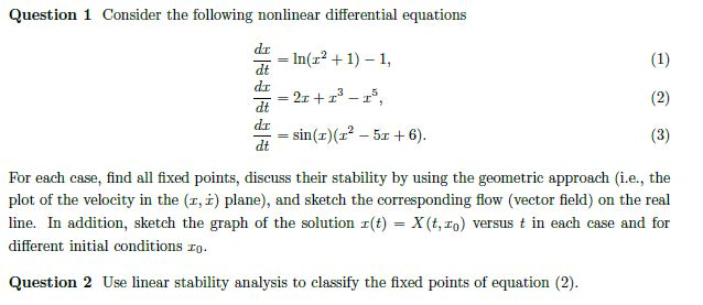 Solved Question 1 Consider the following nonlinear | Chegg.com