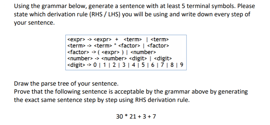 Solved Using the grammar below, generate a sentence with at | Chegg.com