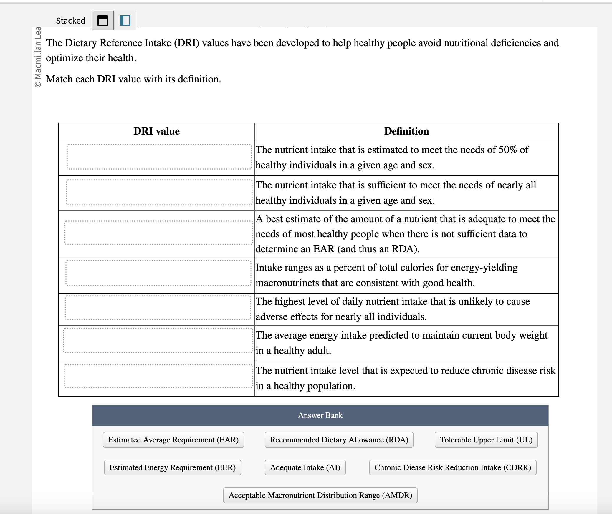 Solved The Dietary Reference Intake (DRI) values have been