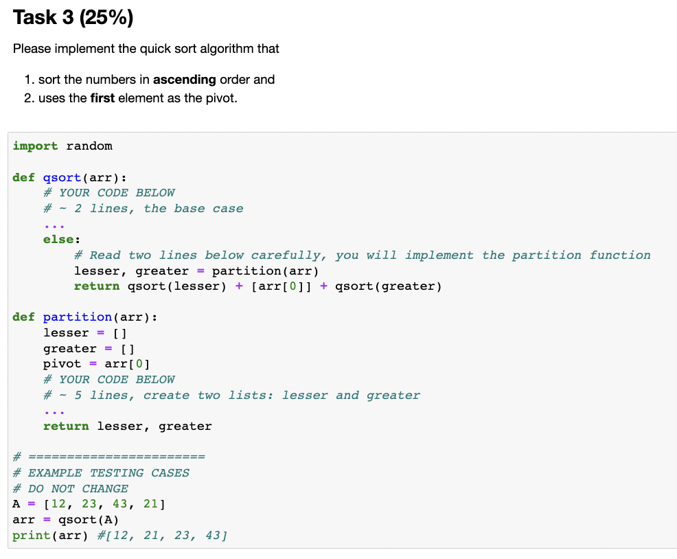 Solved Task 3 (25%) Please implement the quick sort | Chegg.com