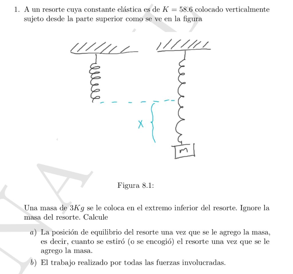 1. A un resorte cuya constante elástica es de K = 58.6 colocado verticalmente sujeto desde la parte superior como se ve en la